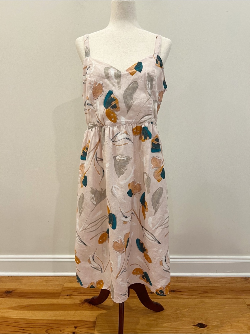 Rachel Zoe Linen Dress Size 12 Pink Floral Abstract Midi Pockets Sundress Straps